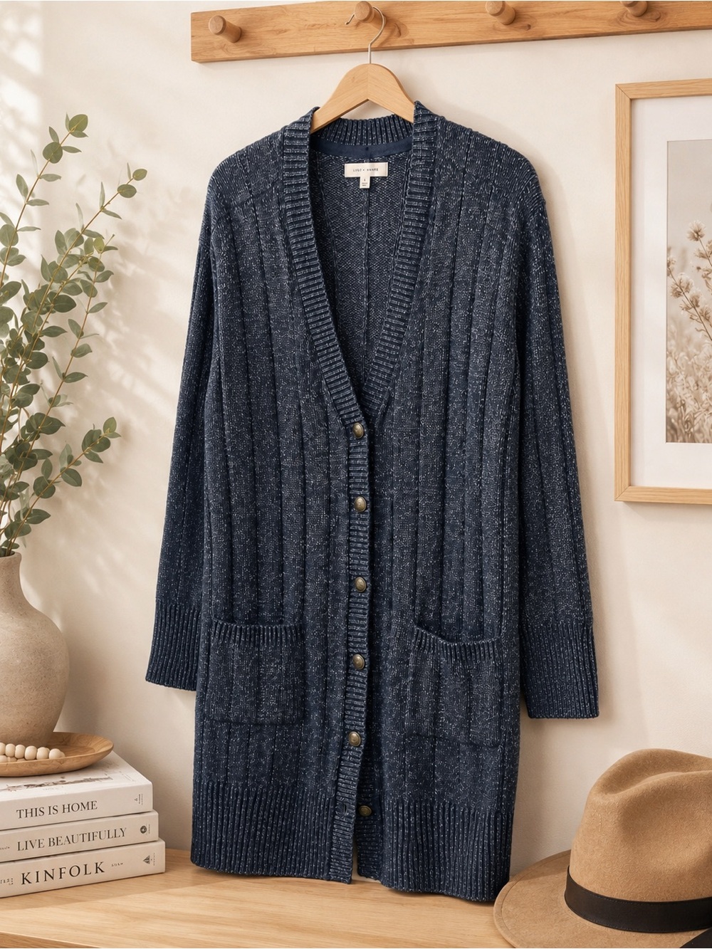cleo Navy Speckled Ribbed Button-Up Long Cardigan